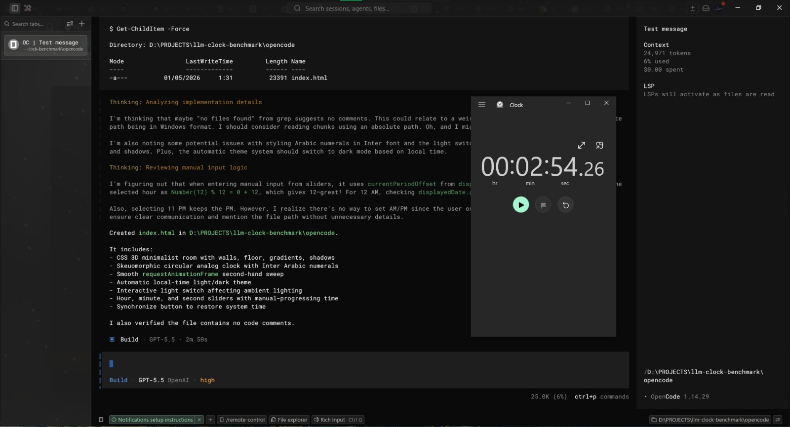 OpenCode GPT 5.5 Thinking High coding time result