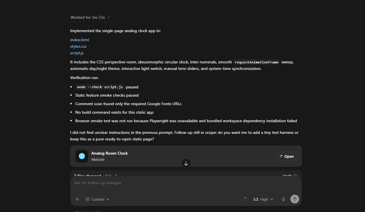 Codex Desktop GPT 5.5 Thinking High coding time result