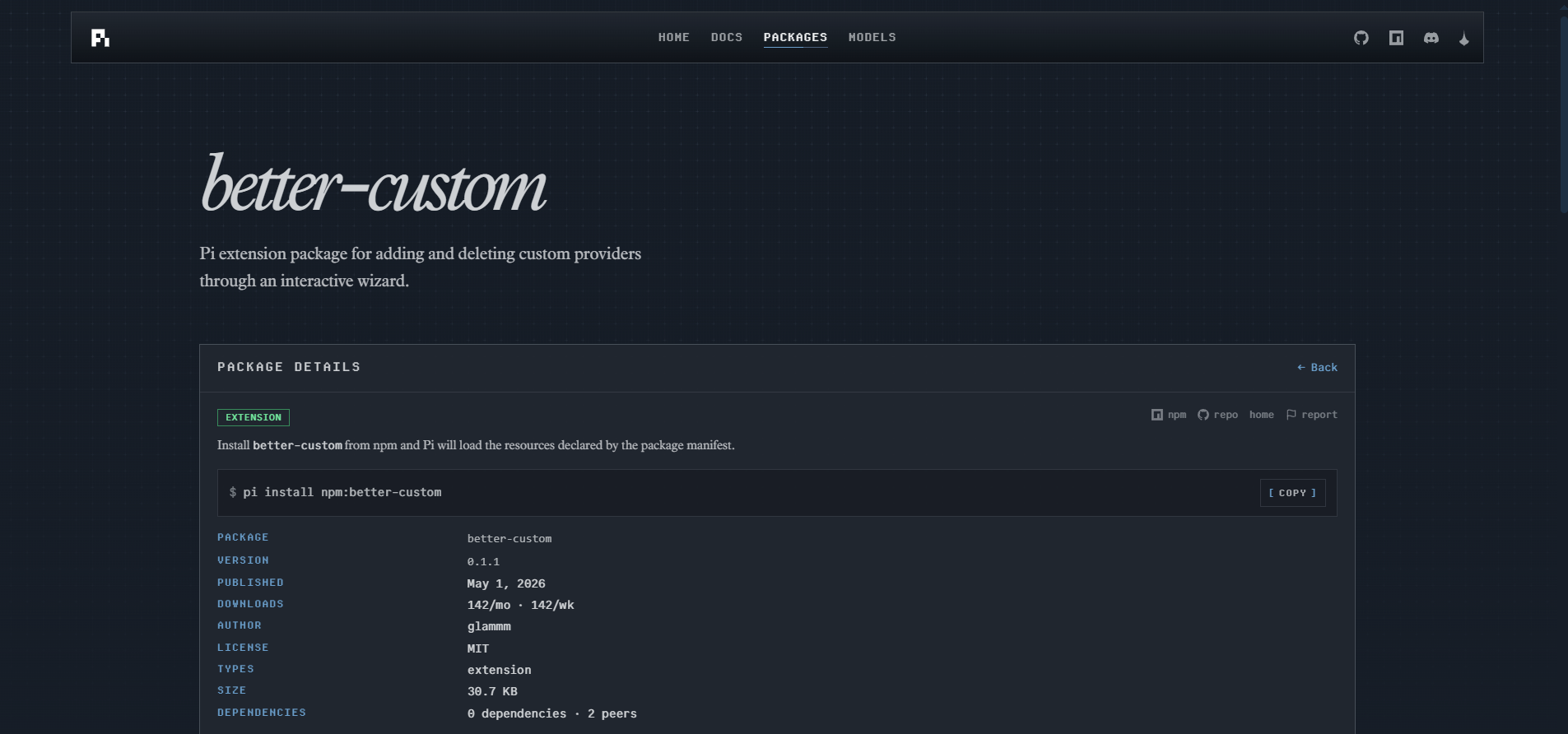 Pi.dev Packages page showing the better-custom package for adding custom providers
