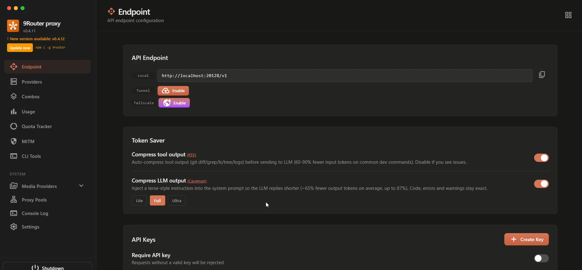 9router local dashboard showing the API endpoint for Pi.dev setup