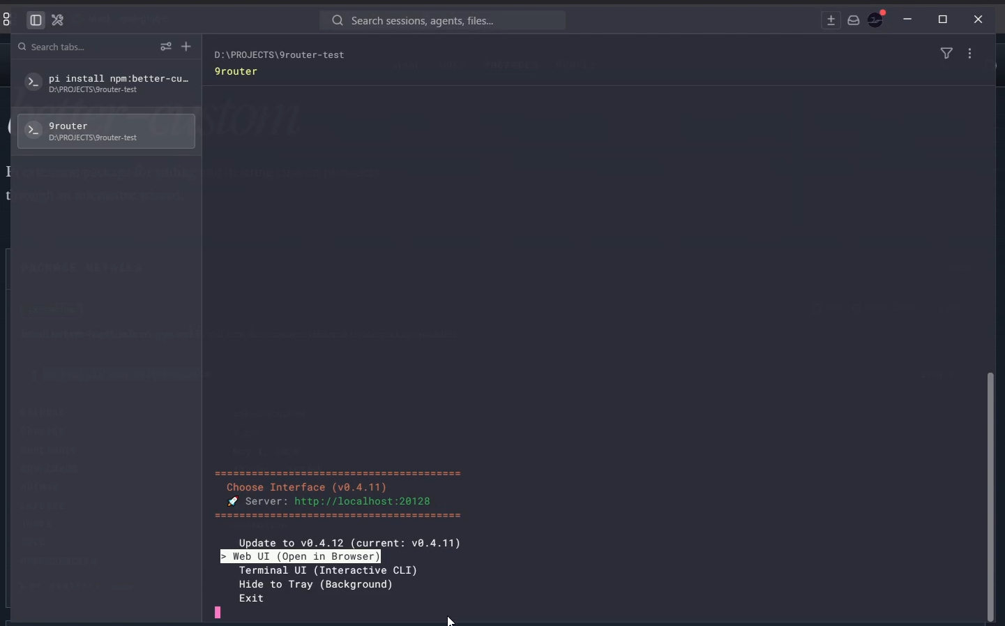 9router terminal screen with the Web UI option for opening the local dashboard