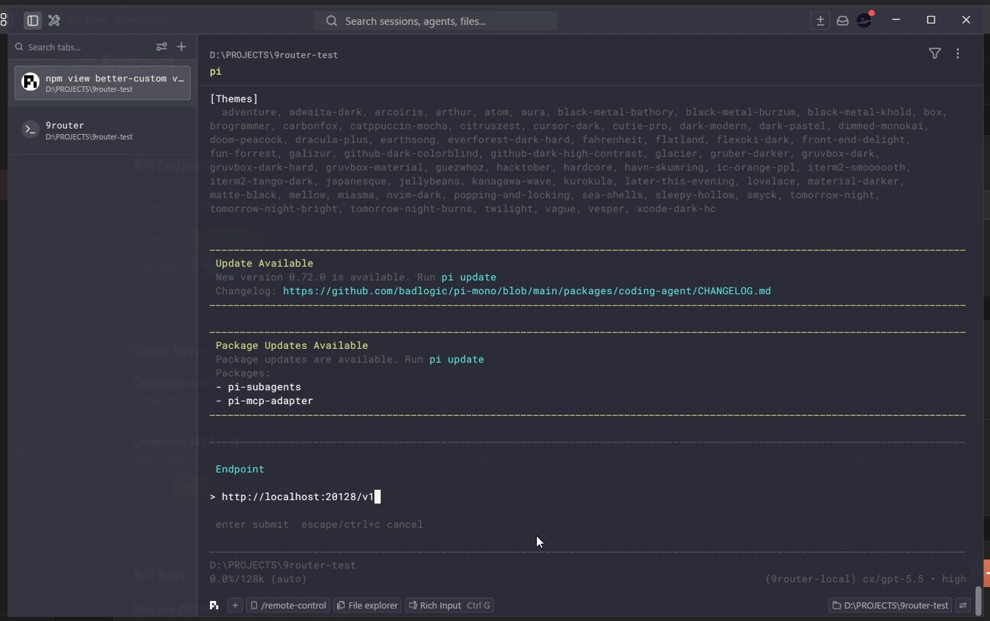 Pi.dev prompt for entering the 9router API endpoint