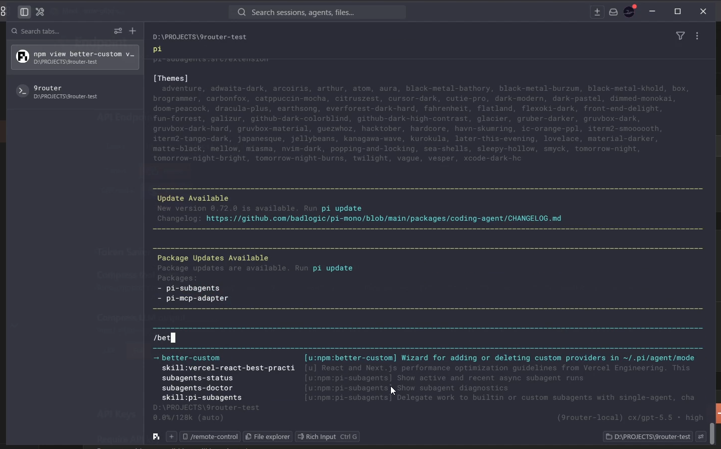 Pi.dev terminal showing the better-custom extension provider setup menu