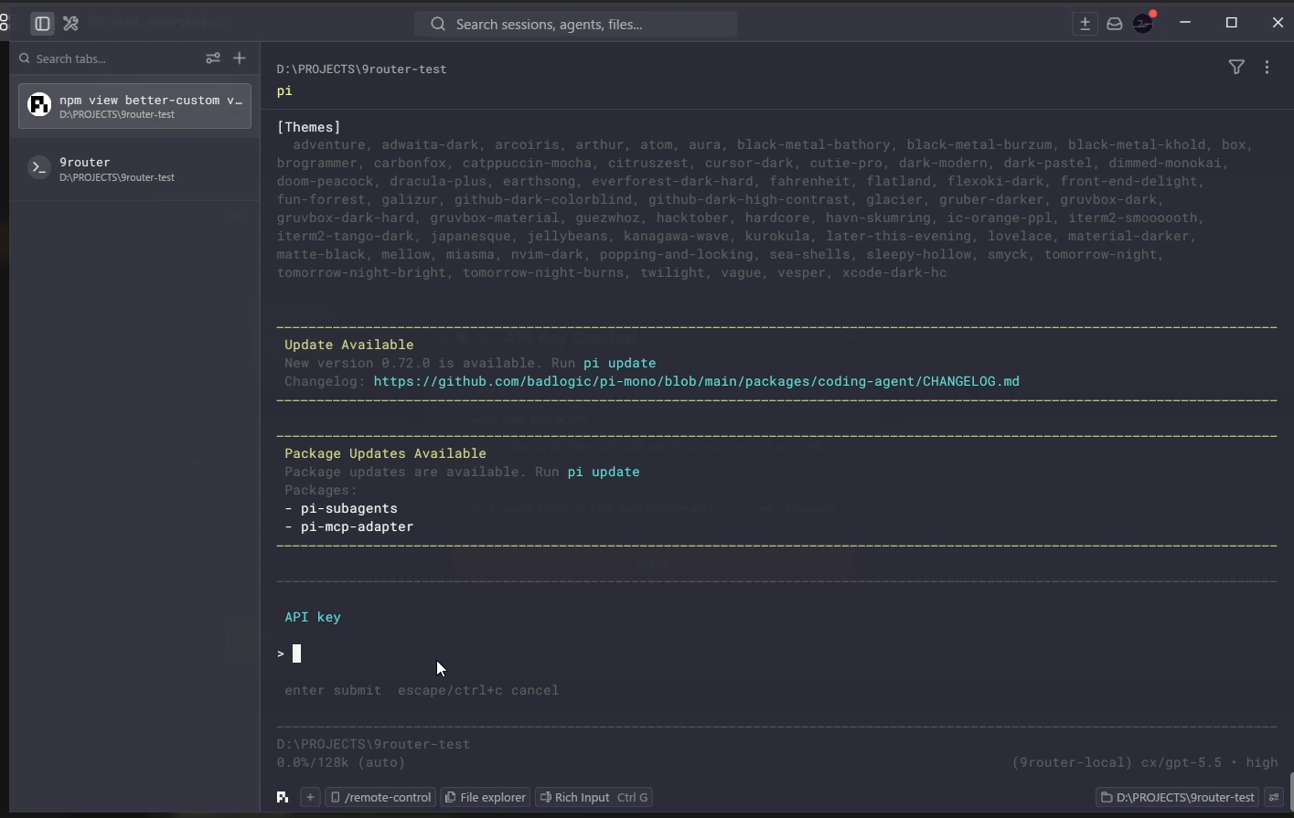 Pi.dev prompt for entering the 9router API key