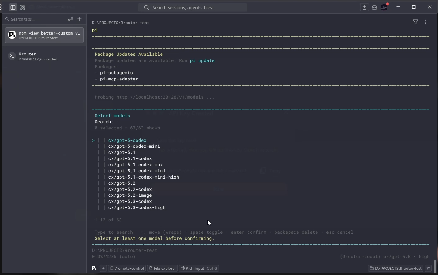 Pi.dev model selection screen showing models from the 9router-local provider