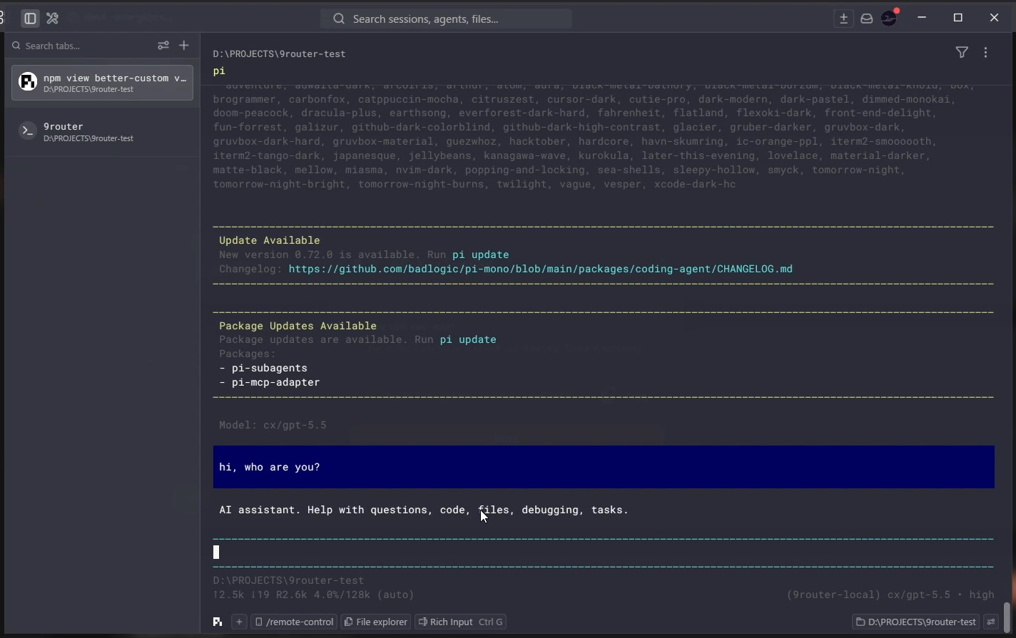 Pi.dev terminal test showing a 9router-local model responding to a simple message